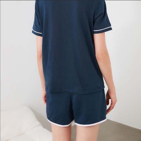 Dark Blue Cotton Notch Collar Pj Set - Picture 3 of 4